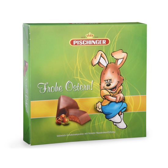 Osterpralinen Krokantecken Vollmilchschokolade Nusskrokant fairtrade aus Österreich