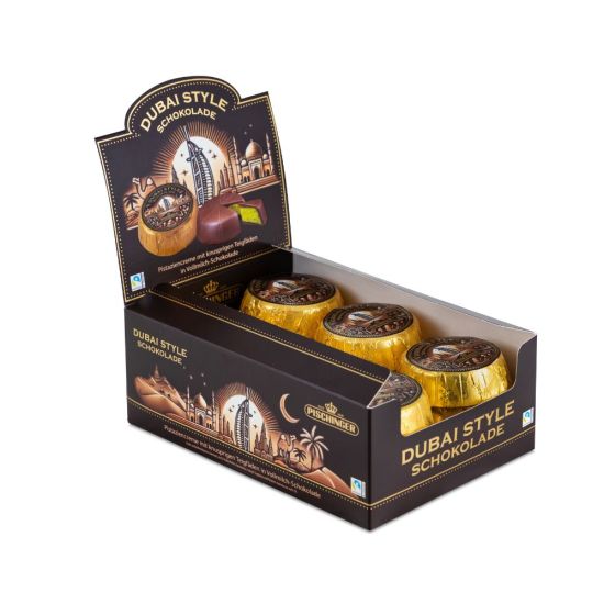 Dubai Style Schokolade Pistaziencreme Kadayif Vollmilchschokolade Fairtrade-Kakao Karton offen