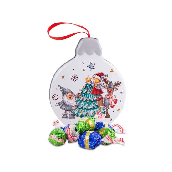 Geschenkdose Weihnachtskugel Wichtel Weihnachtsbaum Rentier Nougat Crisp Schokolade Kugeln Fairtrade