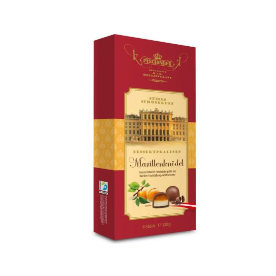 Pischinger Marillenknödel Pralinen Milchcreme Vollmilchschokolade Mehlspeise Dessert Fairtrade Kakao